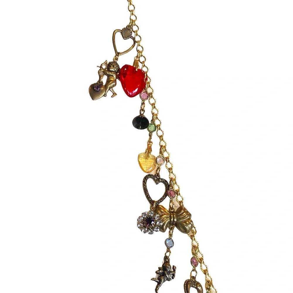 VINTAGE CHARM NECKLACE WITH CUPIDS, HEARTS , BELLS, KEYS & FLOWERS - Picture 3 of 16